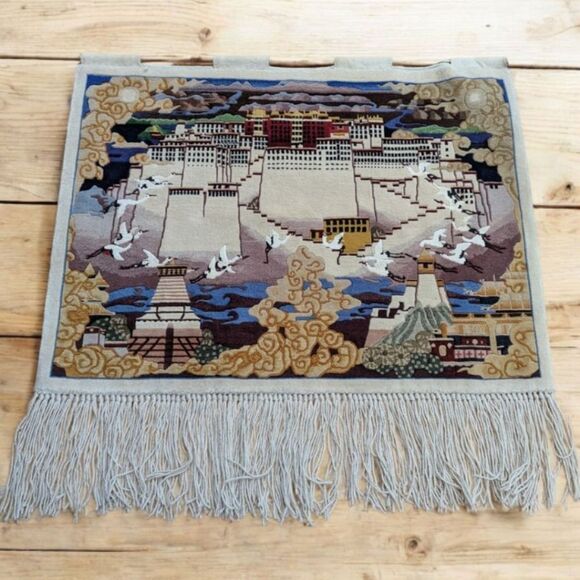 Tibetan Potala Palace Rug w/ Fringe Tapestry Wall Hanging Decor - Picture 1 of 7